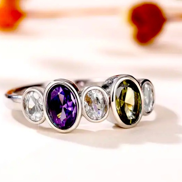 🆕Elegant 5 💍 Zircon (Amethyst & Green Sapphire) 925 Silver Plated Ring: Size 8 - Picture 6 of 6
